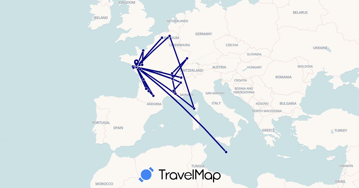TravelMap itinerary: driving in Belgium, France, Malta (Europe)